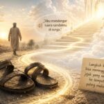 Ilustrasi alas kaki Bilal bin Rabah dengan cahaya menuju surga dan suasana langit yang hangat penuh makna spiritual.