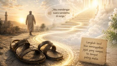 Ilustrasi alas kaki Bilal bin Rabah dengan cahaya menuju surga dan suasana langit yang hangat penuh makna spiritual.
