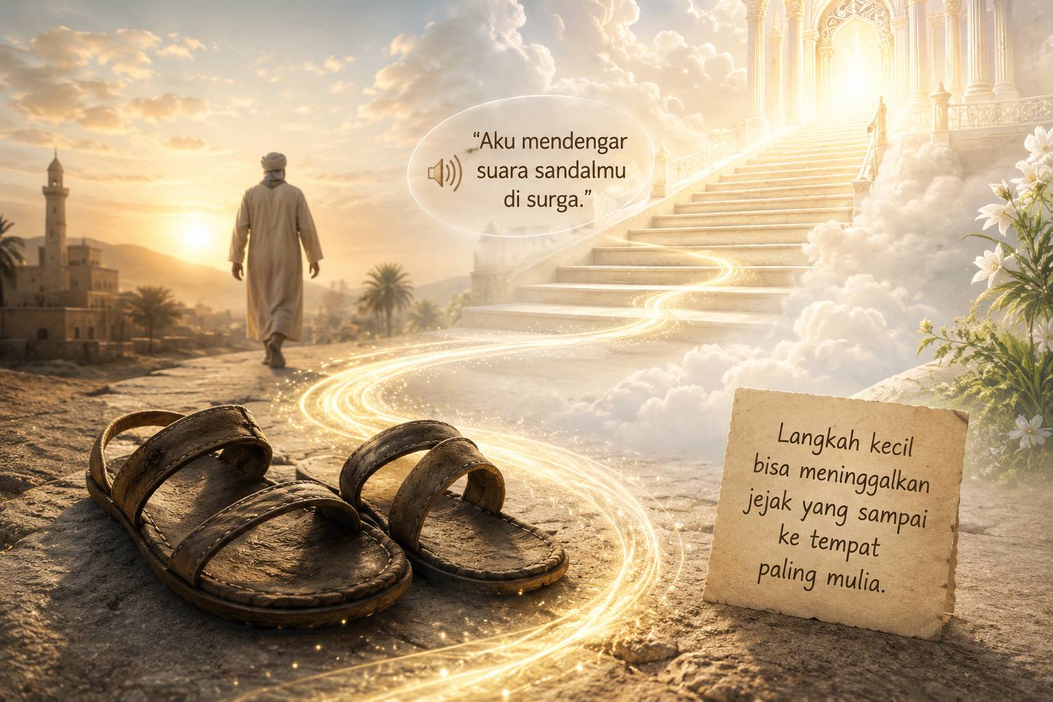 Ilustrasi alas kaki Bilal bin Rabah dengan cahaya menuju surga dan suasana langit yang hangat penuh makna spiritual.